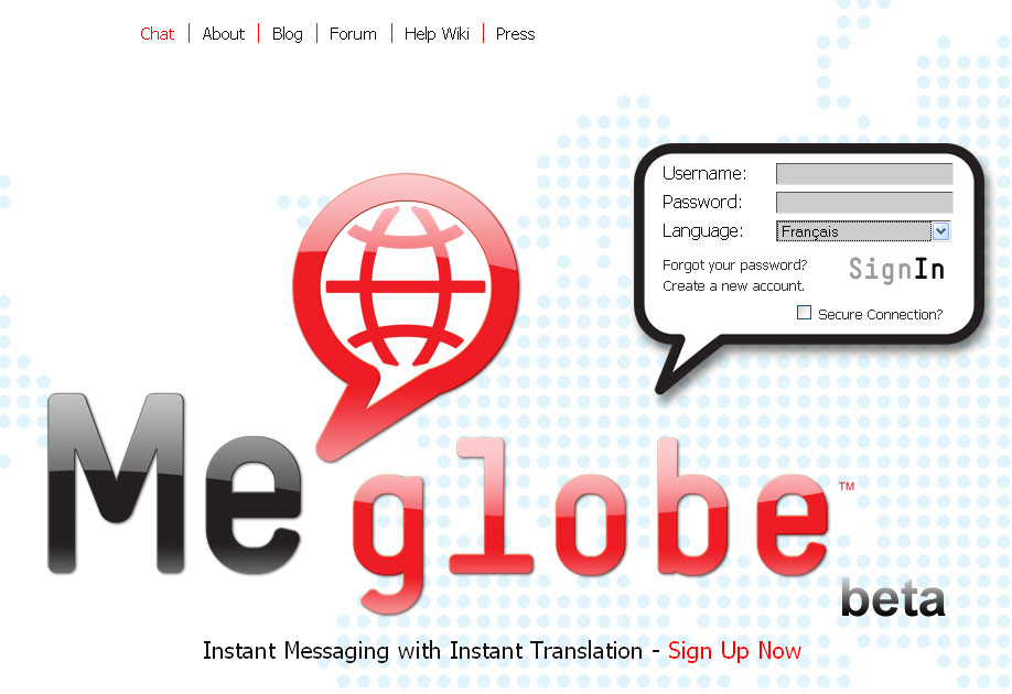 Ecran d'accueil du service MeGlobe